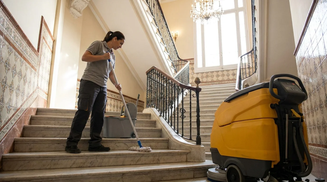 Limpieza profesional de escaleras en edificio de Barcelona